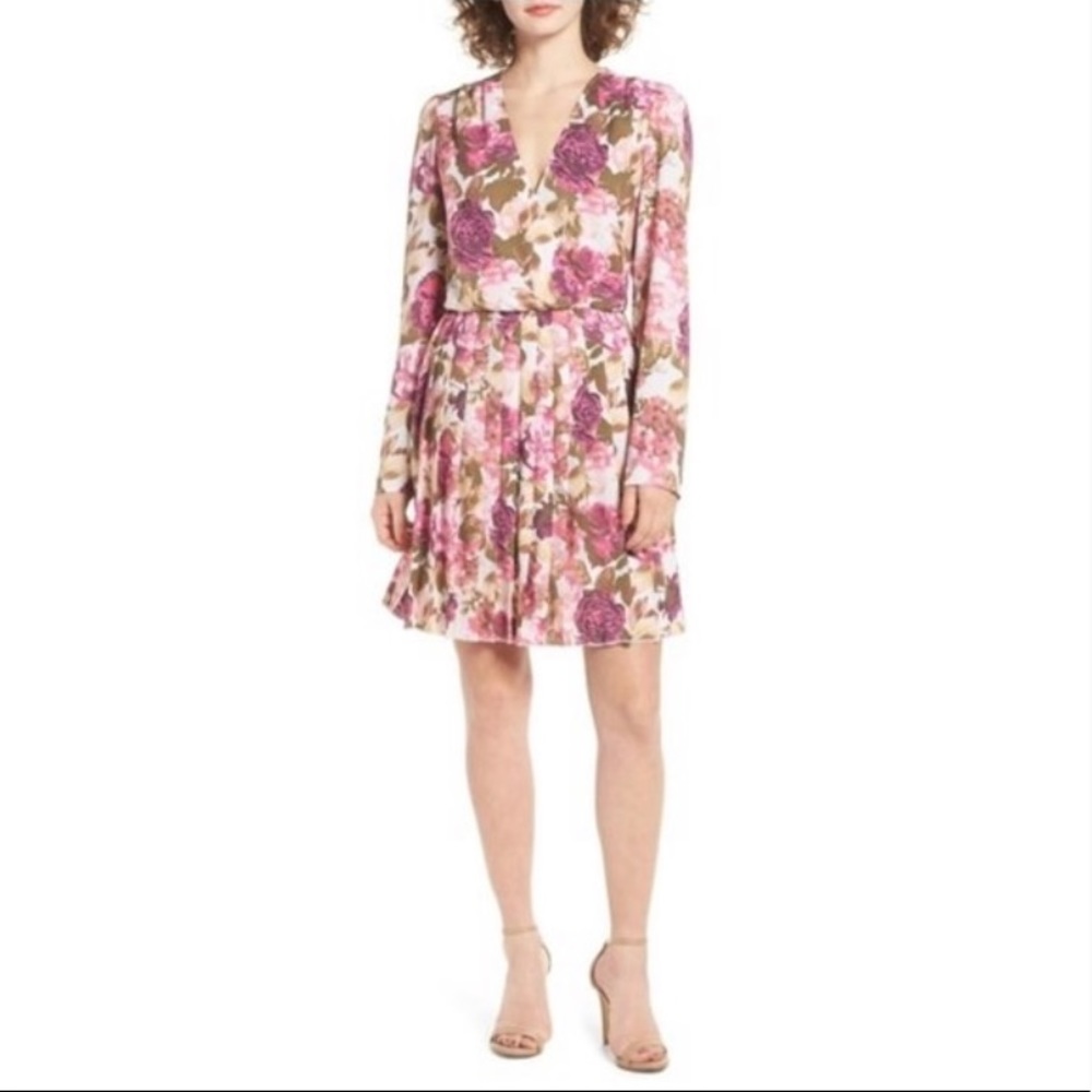 Leith Pink Floral Long Sleeve Pleated Dress